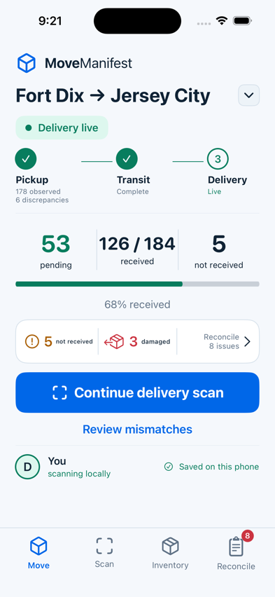 MoveManifest delivery dashboard showing received, pending, and missing items
