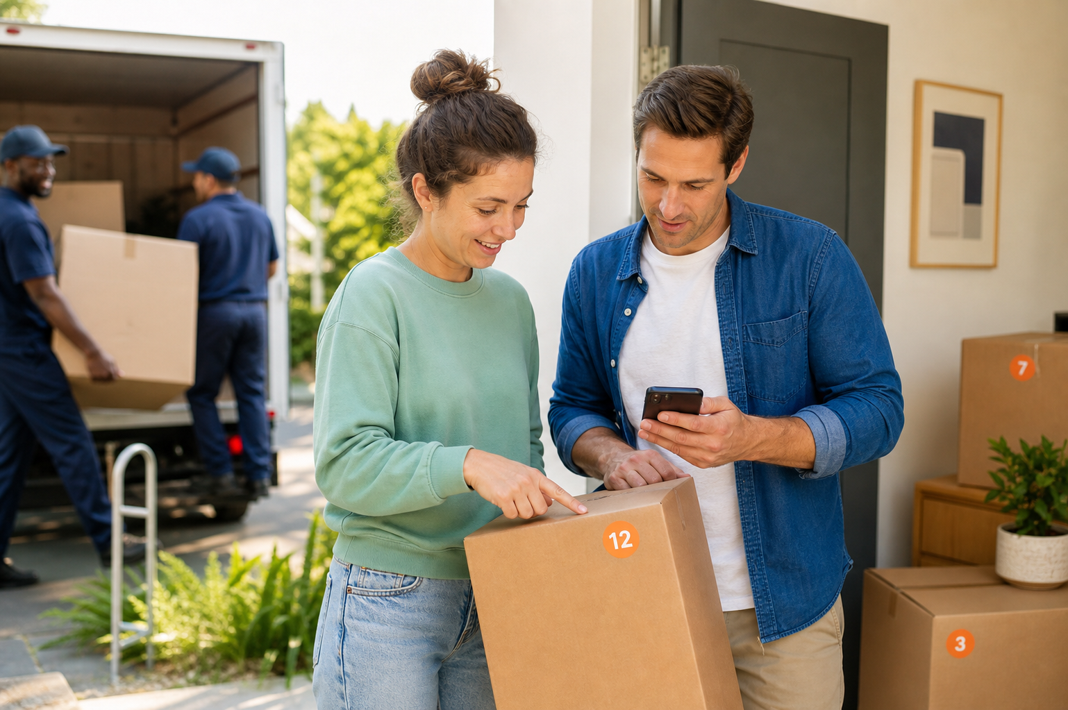 A couple checking a numbered box with MoveManifest while movers unload