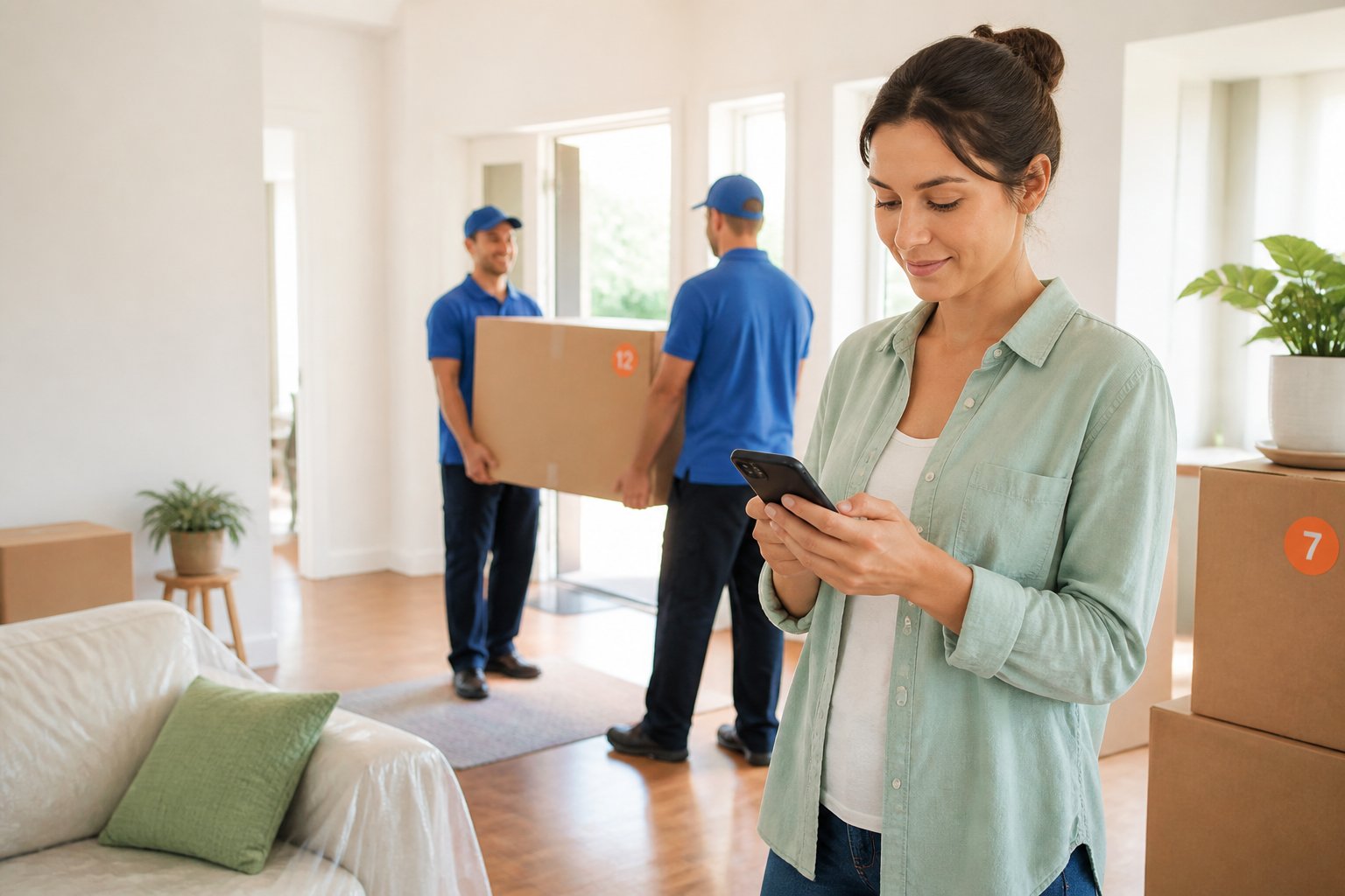 A customer using MoveManifest while professional movers carry numbered boxes